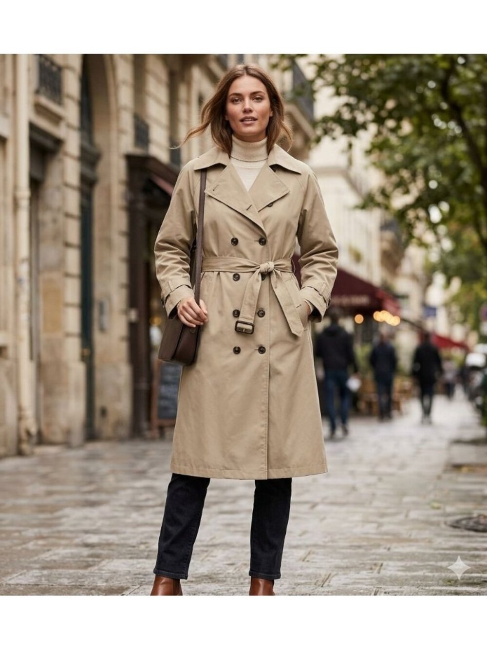 H&M Trench Coat Size Medium Beige Double-Breasted Tie Belt Dark Front Button